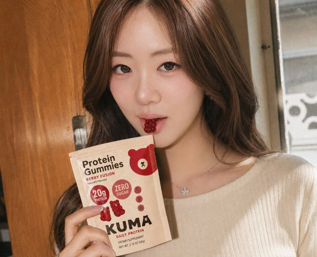 Woman enjoying a Kuma protein gummy