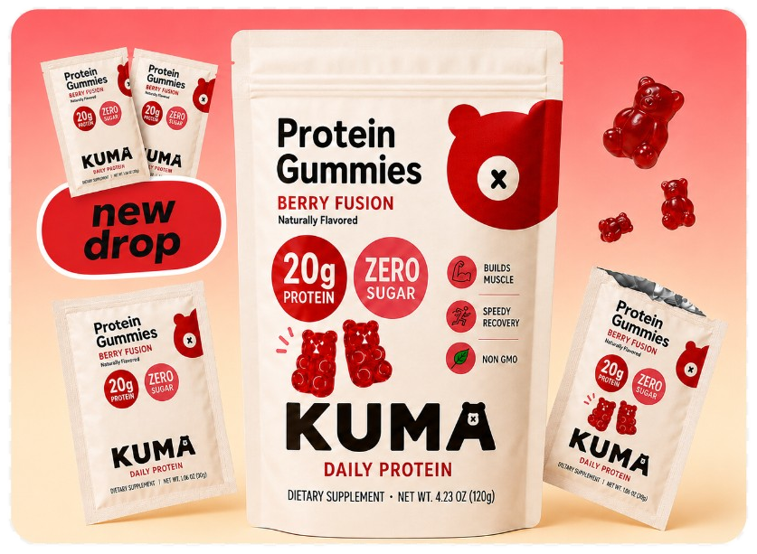 Kuma Protein Gummies Berry Fusion pouches with floating gummy bears
