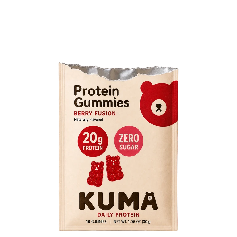 Torn-open Kuma single-serve sachet